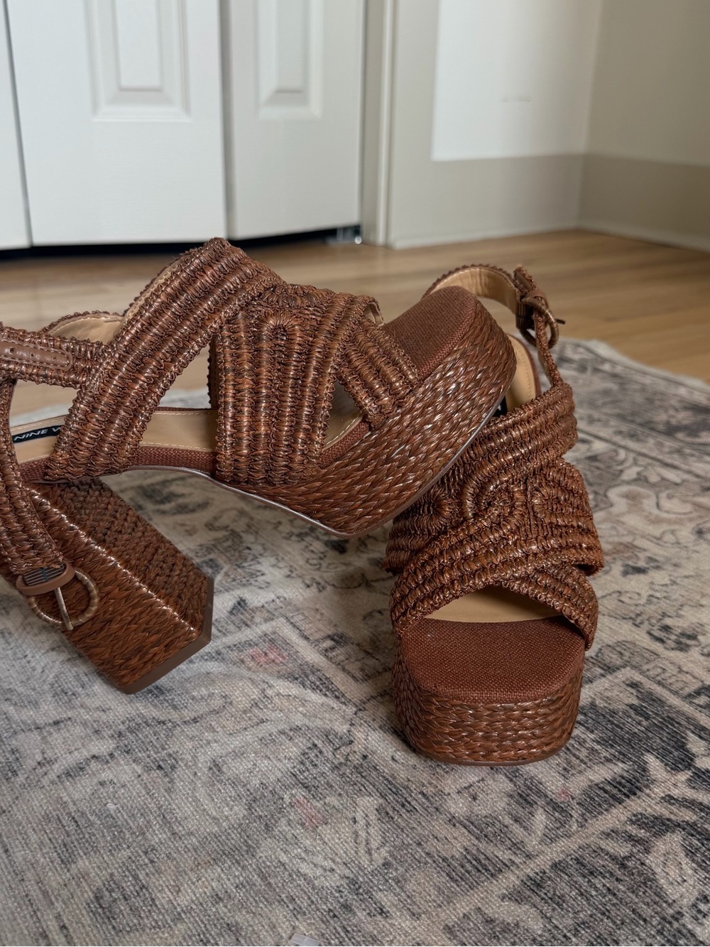Nine West Woven Platform Block Heel Sandals - Brown